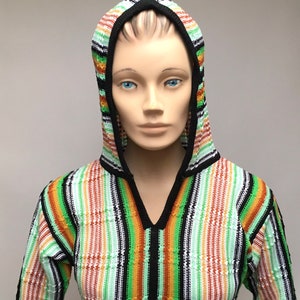 Hoodie Sweater, Helen Sue, Acrylic Pullover, Ethnic Stripe Top, Vintage 1960 Fashion