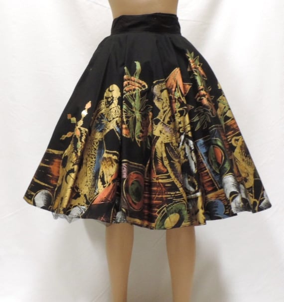 1950s Circle Skirt Mexico Hand Painted Black Gold