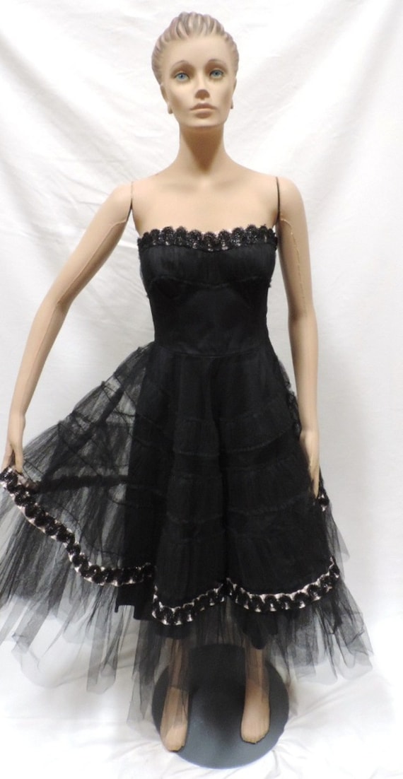 1950s Dress Black Strapless Fit Flare