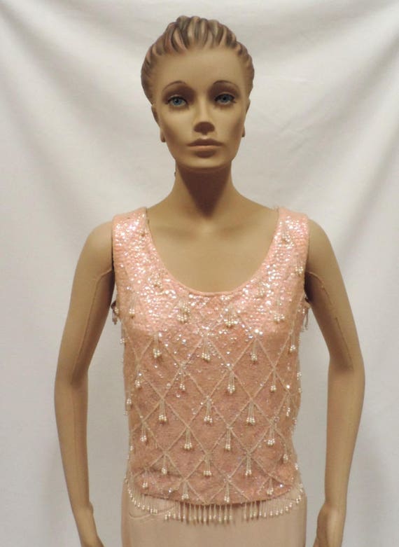 50s Beaded Sequin Blouse Pink Wool