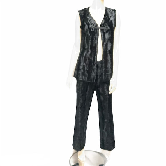 1960s Faux Fur Pantsuit Black Pants Vest - image 7