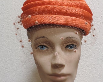 Vintage Hat Sandy Braeburn Orange Fabric Veiled Formal Turban Cap Wedding Prom Church Special Occasion Pillbox