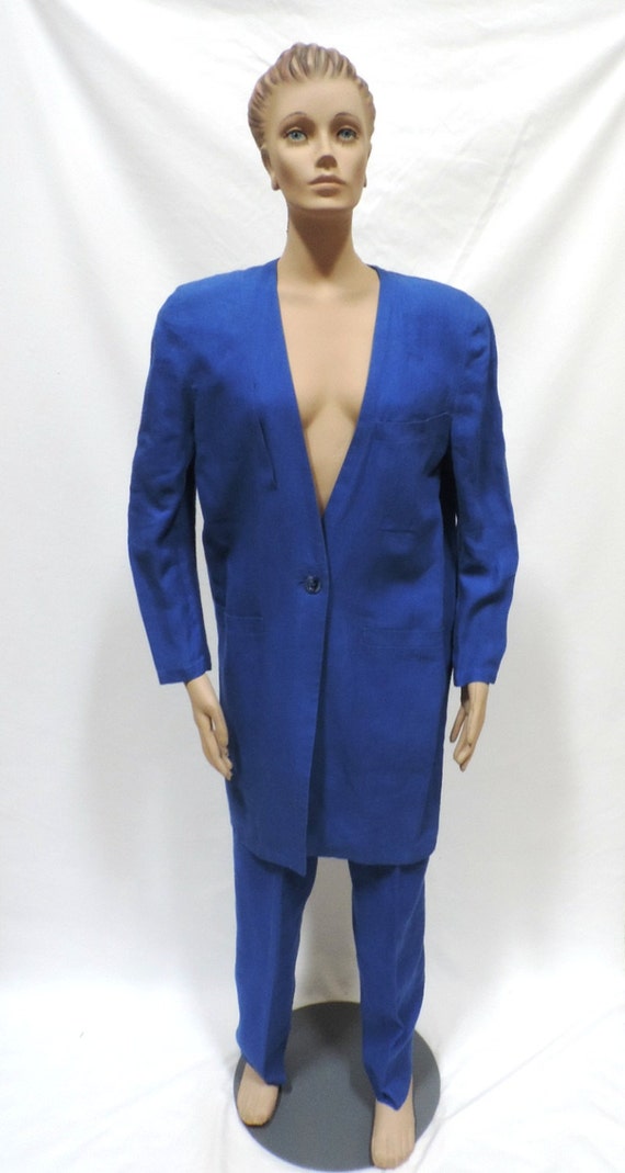 Escada Suit Blue Linen 3 Piece Skirt Pants Blazer 