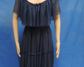 1970s Maxi Dress Blue Chiffon Tiered Ruffled Gown