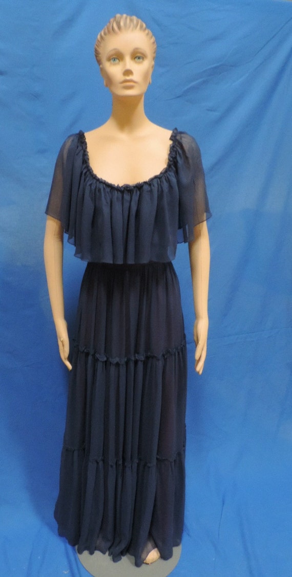 1970s Maxi Dress Blue Chiffon Tiered Ruffled Gown