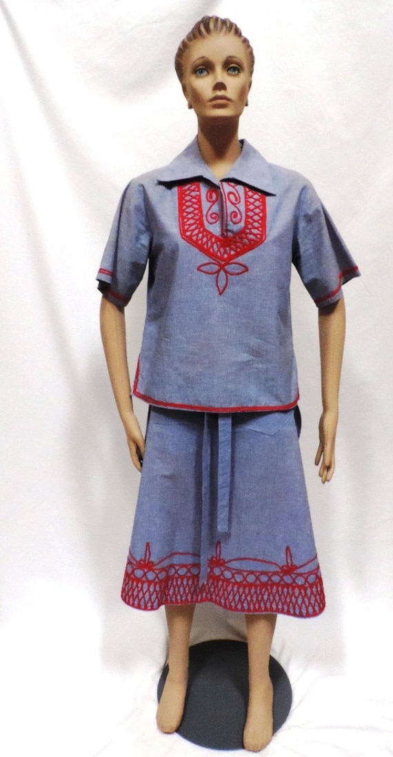 Embroidered Denim Wrap Skirt Set