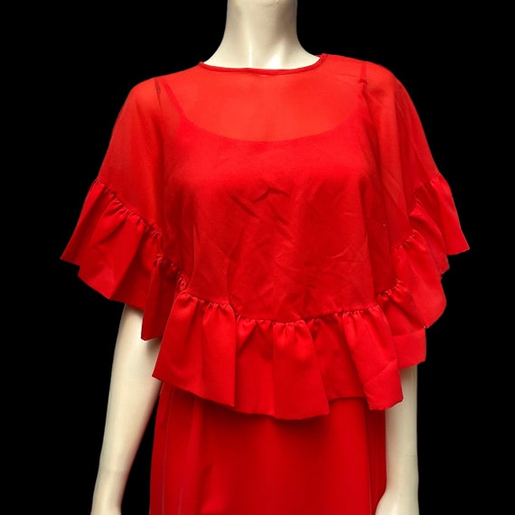 1970 Maxi Dress Cape Bright Red Orange - image 10