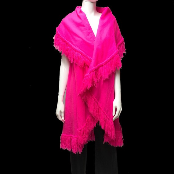 Neon Pink Poncho Fringed Shawl Handwoven Mexico