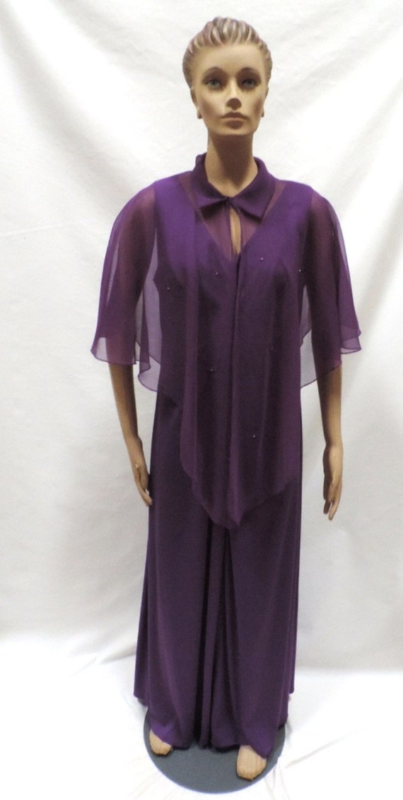 1970s Dress Purple Maxi Sheer Chiffon Beaded Ponch