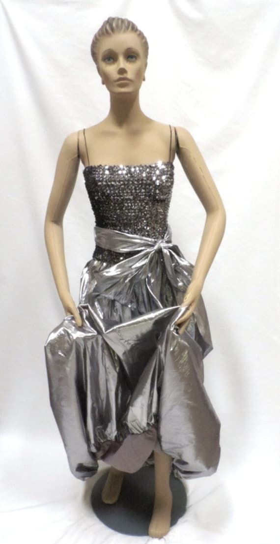 80s Silver Lame Bubble Skirt Sequin Tube Top Sash 