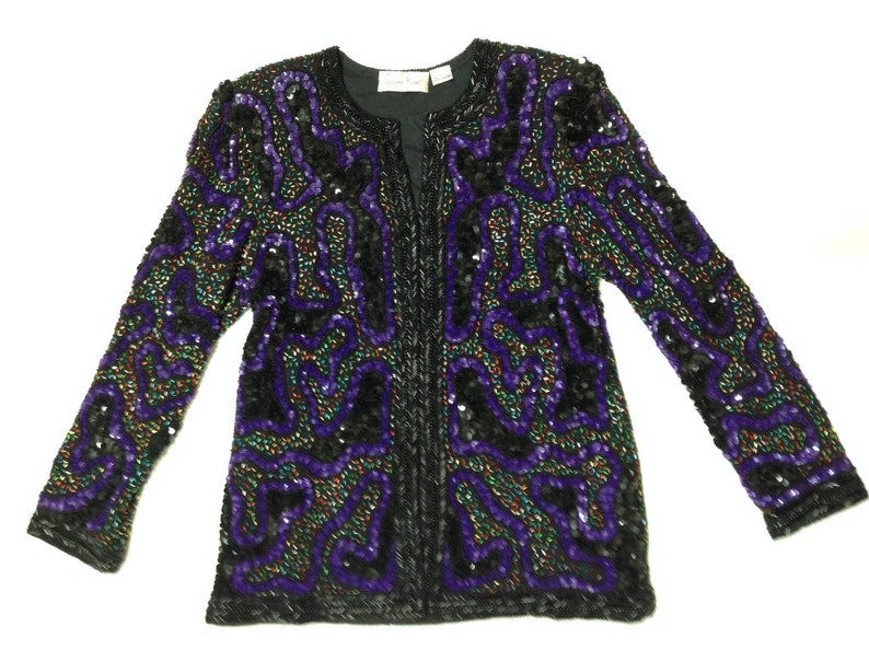 Beaded Sequin Jacket Purple Laurence Kazar Multicolor | Etsy
