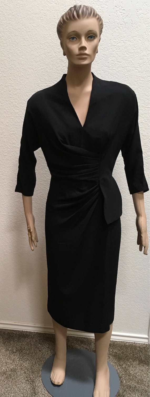 DOROTHY O'HARA Dress 1950s Black Draped Wiggle