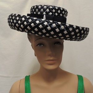 Hat Vintage 1960s Dark Navy Blue and White Diagonal Woven Straw Hat by Trix Wood Millinery