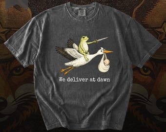 Camiseta Comfort Colors We Deliver At Dawn, camiseta retro Frog Stork, camiseta divertida para partera, camiseta de regalo para doula, camiseta extraña para enfermera de partos