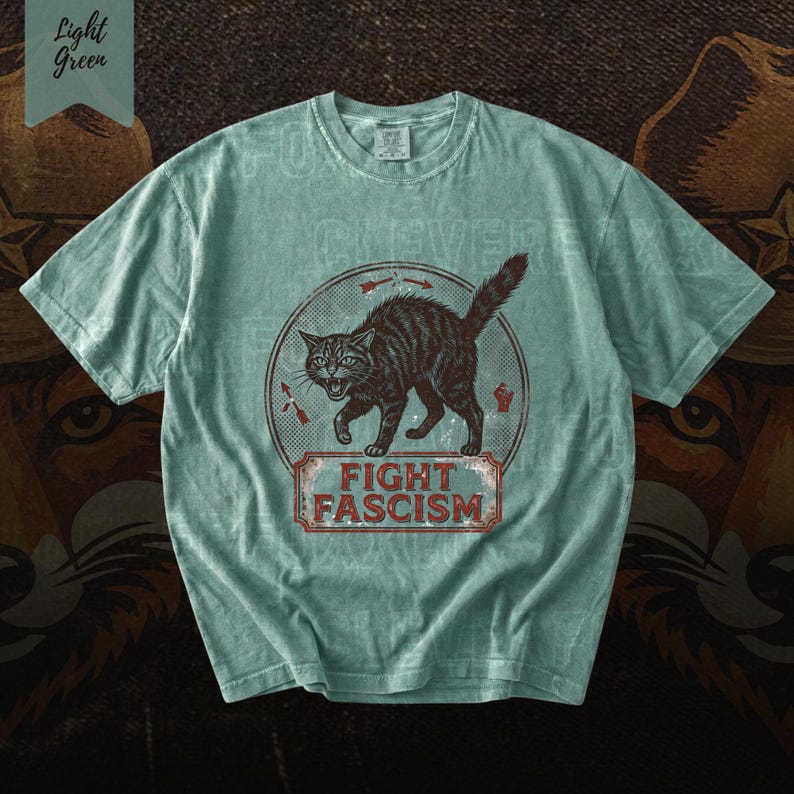 A light blue t-shirt with a graphic design featuring a cat and the text "FIGHT FASCISM" printed on it.