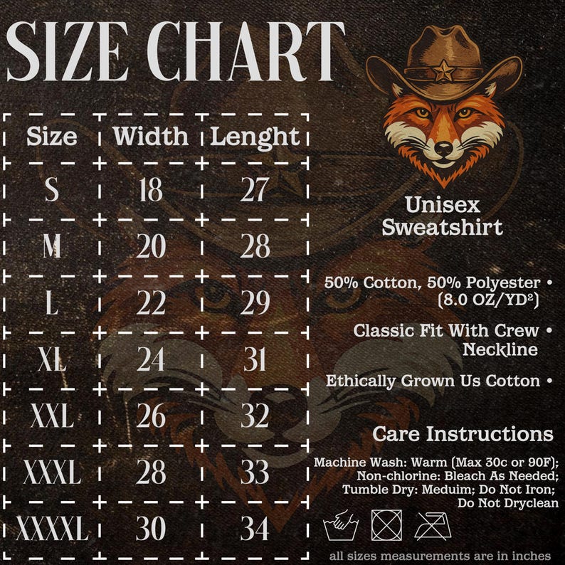 Puede incluir: Tabla de tallas para una sudadera unisex, con medidas en pulgadas. La tabla incluye tallas S a XXXXL, con las dimensiones correspondientes de ancho y largo. La imagen tambi&eacute;n muestra un zorro con sombrero de vaquero.