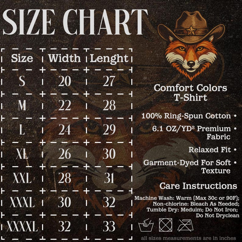 Puede incluir: Tabla de tallas para una camiseta Comfort Colors, con medidas en pulgadas. La tabla incluye tallas S a XXXXL, con anchos y largos correspondientes. La camiseta es 100% algod&oacute;n hilado en anillo y te&ntilde;ida para una textura suave. Tambi&eacute;n se proporcionan instrucciones de cuidado.