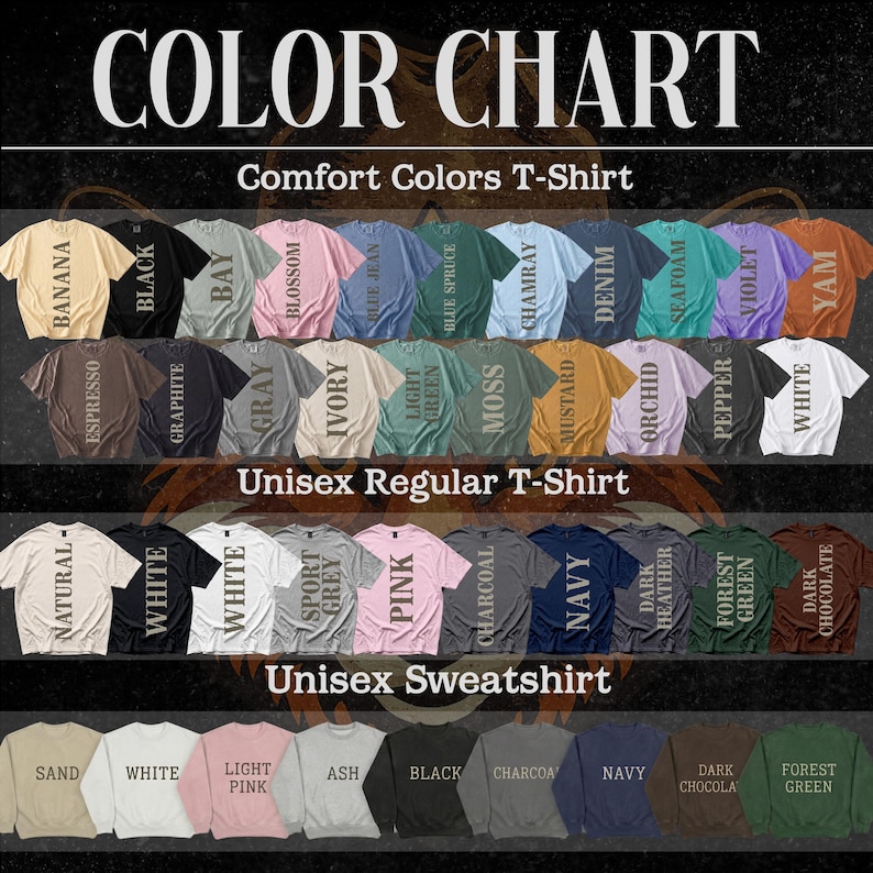 Puede incluir: Carta de colores con una variedad de camisetas y sudaderas en diferentes colores. La carta incluye camisetas Comfort Colors, camisetas unisex regulares y sudaderas unisex. Cada color est&aacute; etiquetado con su nombre, como "Banana", "Black" y "Navy".