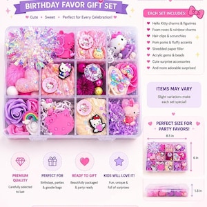 May include: A Hello Kitty birthday favor gift set in a clear plastic organizer box with twelve compartments. The set includes Hello Kitty charms, figurines, foam roses, hair clips, scrunchies, pom poms, gems, and beads. The box measures 8.5 inches by 6 inches by 1.5 inches.