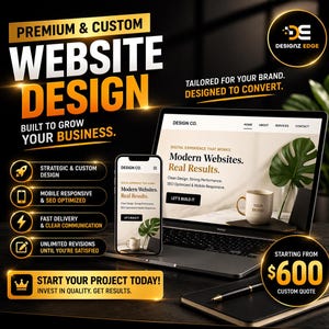 Può includere: Immagine promozionale per servizi di progettazione di siti web. L'immagine presenta un laptop e uno smartphone che mostrano un design di sito web, con il testo "Modern Websites. Real Results." Ulteriori testi evidenziano le caratteristiche principali e un prezzo di partenza.