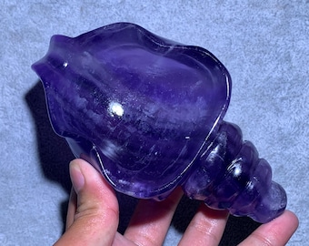Cuarzo fluorita púrpura natural de 5,5 pulgadas o más, cristal de cuarzo, caracola de cristal tallada a mano, calavera de caracola, regalos navideños de cristal, 1 unidad.