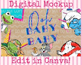 80er Jahre Cartoon Baby Party Banner Vorlage | Canva Mockup (Digitaler Download)