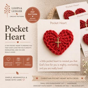 May include: A red crocheted heart with a gold cross pendant, presented on a card. The card is labelled "Pocket Heart" and includes text about faith. The image also features the text "Handmade with Love" and "Perfect Gift".