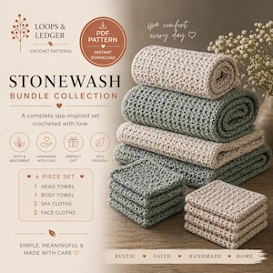Könnte beinhalten: Ein Set aus gehäkelten Spa-Handtüchern und Waschlappen in Beige- und Grüntönen. Das Bild zeigt ein Kopfhandtuch, ein Körperhandtuch, Spa-Tücher und Waschlappen. Der Text lautet "Stonewash Bundle Collection" und "Spa comfort every day."