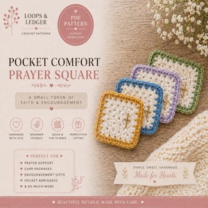 May include: Image of a crochet pattern for Pocket Comfort Prayer Squares. The squares are in yellow, blue, purple, and green, each with a gold cross. The text reads "Pocket Comfort Prayer Square" and "A small token of faith & encouragement."