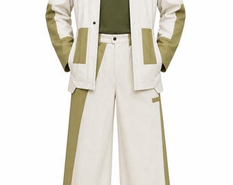 Retro futuristische ruimtekleding crème utility jack en wijde broek