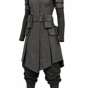 May include: A black long-sleeved outfit featuring a high-neck top, layered shoulder armor plates, and a structured tunic with a utility belt. The belt includes multiple attached pouches with snap closures. The ensemble is completed by loose-fitting trousers.