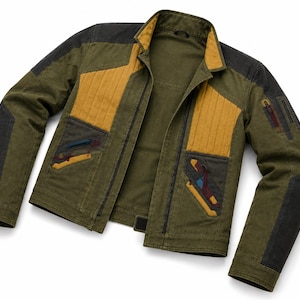 May include: An olive green jacket featuring mustard yellow quilted panels on the chest, dark charcoal grey accents on the shoulders and sleeves, a stand-up collar, and multiple zippered pockets with blue and maroon detailing on the front and arm.