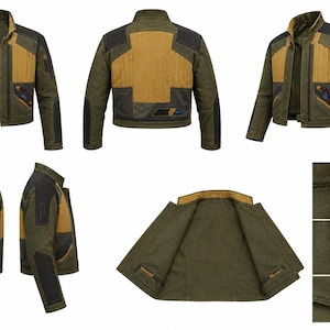 May include: A multi-panel jacket in olive green, mustard yellow, and black. The design features a stand-up collar, long sleeves with black accents, and textured yellow panels on the chest and back. The jacket includes zippered pockets and detailed stitching, shown from front, back, side, and interior views.