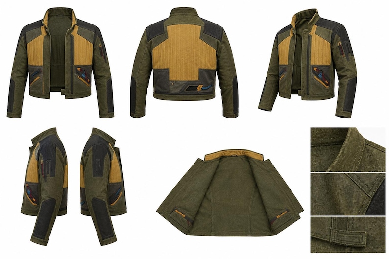 May include: A multi-panel jacket in olive green, mustard yellow, and black. The design features a stand-up collar, long sleeves with black accents, and textured yellow panels on the chest and back. The jacket includes zippered pockets and detailed stitching, shown from front, back, side, and interior views.