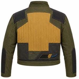 May include: A long-sleeve jacket featuring an olive green base with a large, vertical-quilted mustard yellow panel on the back. The garment includes dark charcoal shoulder and elbow patches, a stand-up collar, and a geometric graphic detail.