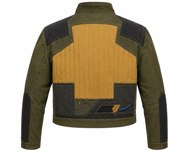 May include: A long-sleeve jacket featuring an olive green base with a large, vertical-quilted mustard yellow panel on the back. The garment includes dark charcoal shoulder and elbow patches, a stand-up collar, and a geometric graphic detail.