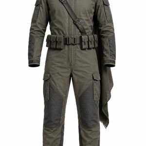 May include: An olive green tactical jumpsuit featuring a high collar, long sleeves with shoulder pockets, and quilted knee panels. The garment includes a utility belt with multiple pouches, a dark brown shoulder strap, and a draped fabric cowl.