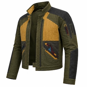 May include: An olive green jacket featuring a high collar, mustard yellow quilted chest panels, and dark charcoal gray shoulder and sleeve accents. The jacket includes diagonal pockets with red, yellow, and blue detailing on the front and sleeves.