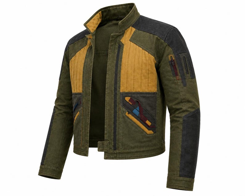 May include: An olive green jacket featuring a high collar, mustard yellow quilted chest panels, and dark charcoal gray shoulder and sleeve accents. The jacket includes diagonal pockets with red, yellow, and blue detailing on the front and sleeves.