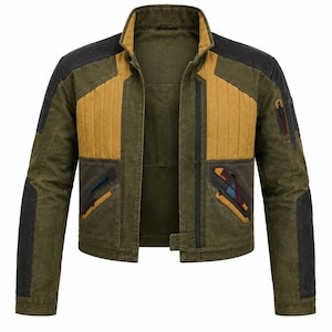 May include: A multi-paneled jacket featuring an olive green base with mustard yellow chest panels and dark charcoal shoulder accents. The garment includes a high collar, long sleeves, and two angled front pockets with blue and red interior detailing.