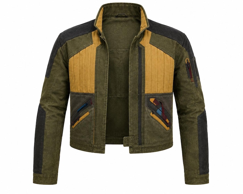 May include: A multi-paneled jacket featuring an olive green base with mustard yellow chest panels and dark charcoal shoulder accents. The garment includes a high collar, long sleeves, and two angled front pockets with blue and red interior detailing.