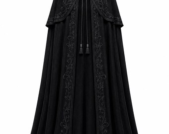 Black Embroidered Hooded Cloak Cape | Gothic Fantasy Hooded Robe