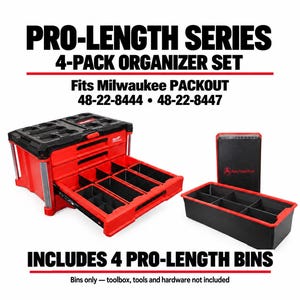 May include: A 4-pack organizer set for Milwaukee PACKOUT 48-22-8444 and 48-22-8447 toolboxes. The set includes red and black plastic bins with internal dividers, shown both inside an open red toolbox drawer and standing separately on the side.