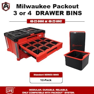 May include: Red and black Milwaukee Packout 3 or 4 drawer bins. The image shows a red and black storage bin with multiple drawers, a separate bin, and a container. The text reads "Milwaukee Packout" and "Standard Series Bins 12-Pack".