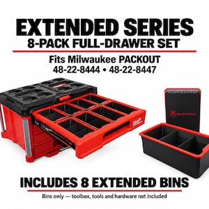 May include: An 8-pack extended series full-drawer set for Milwaukee Packout models 48-22-8444 and 48-22-8447. The set includes black plastic bins with red trim, designed to fit inside a red and black modular toolbox drawer system.