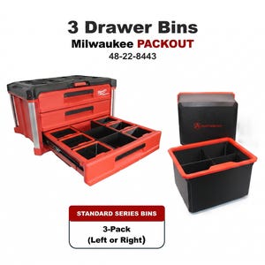 May include: A red and black Milwaukee PACKOUT 3 Drawer Bins tool storage unit, model 48-22-8443, featuring three sliding drawers with internal black dividers. A separate 3-pack of standard series bins is shown with black inserts and red rims.