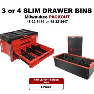 May include: A red and black Milwaukee PACKOUT tool storage unit with 3 or 4 slim drawer bins, model numbers 48-22-8444 or 48-22-8447. The image includes a Pro Length Series 1-piece bin insert with black dividers and a red rim for organization.