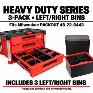 May include: A red and black Milwaukee Packout toolbox with a drawer containing multiple black storage bins. The text reads HEAVY DUTY SERIES 3-PACK LEFT/RIGHT BINS Fits Milwaukee PACKOUT 48-22-8443 and INCLUDES 3 LEFT/RIGHT BINS. Two additional black bins are shown.