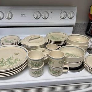May include: A ceramic dinnerware set in a cream color featuring a green pine branch pattern and thin blue rim accents. The collection includes stacked dinner plates, salad plates, bowls, mugs, and a lidded serving dish, all arranged on a white stove.