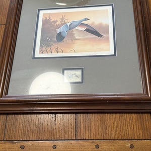 May include: Framed artwork featuring a flying goose over a body of water, with a smaller framed stamp below. The artwork has a brown wooden frame and a neutral-toned mat. The goose is depicted with gray and white feathers.